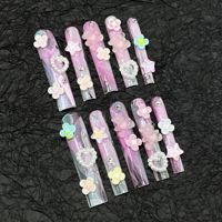 Faux ongles à presser 3D rose super longs et mignons, faits à la main, en ABS, forme cercueil longue ou carrée