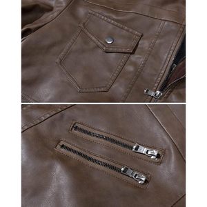 Veste en simili cuir pour homme personnalisée, marron, style motard, coupe-vent avec capuche amovible - Product Image 6