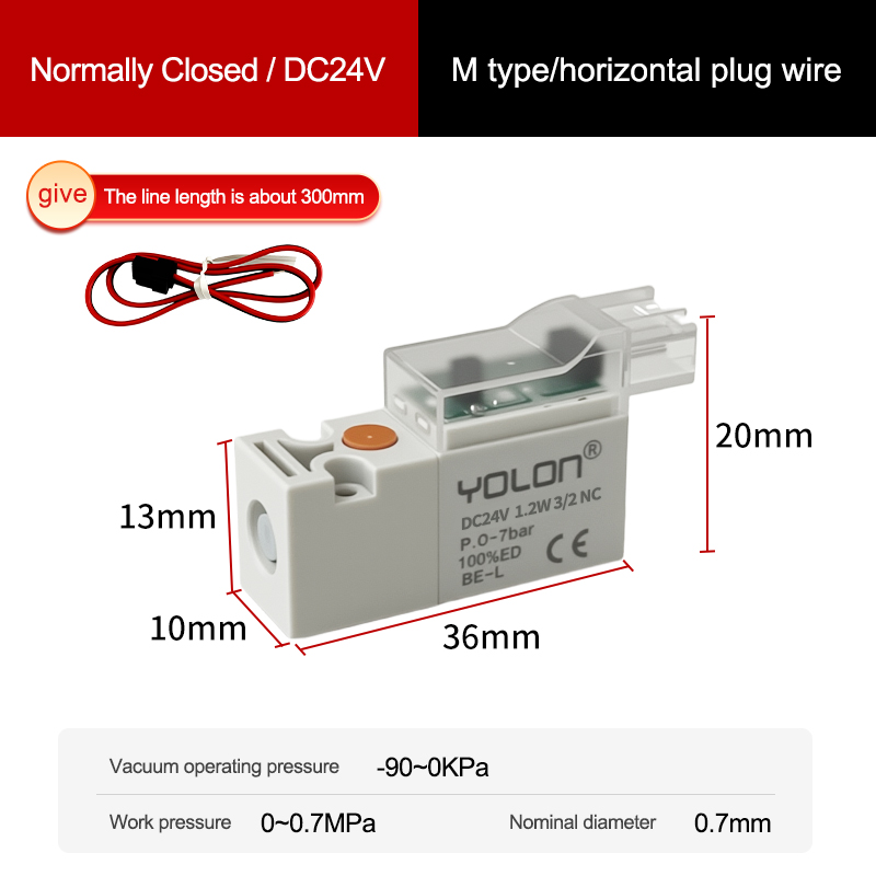 3/2 vías/tipo M/cable de enchufe horizontal/normalmente cerrado DC24V