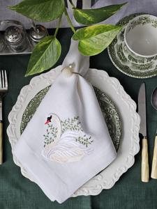 Mantel Individual Bordado de Lino <span class=keywords><strong>Blanco</strong></span> <span class=keywords><strong>Cisne</strong></span>, Apto para Restaurantes y Bodas, Clásico Cuadrado, 100% Lino - Product Image 4