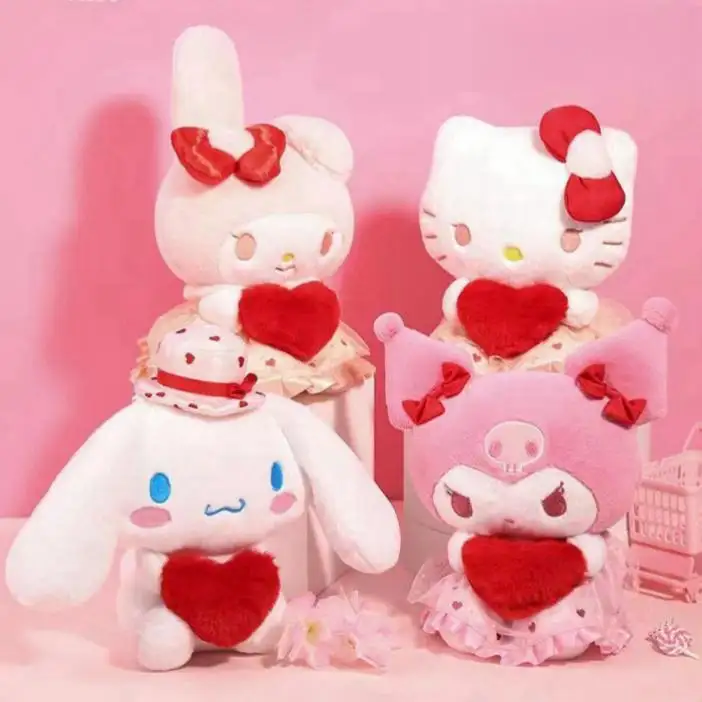 Cuddle Red Heart Doll Cinnamoroll Melody Kuromi Hello kucing Kitty Sanro mainan mewah hadiah ulang tahun Valentine untuk anak perempuan