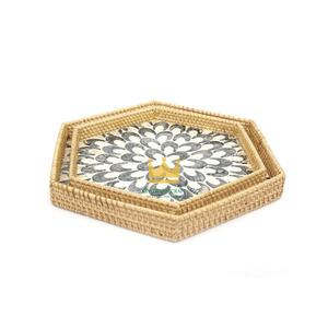 Plateau de service pour table basse, organisateur de rangement, style farmhouse, incrustation nacre, plateau hexagonal en rotin pour la décoration intérieure, du Vietnam - Product Image 2