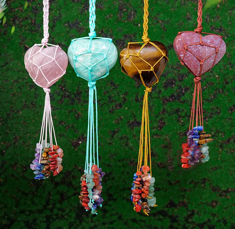 Wholesale Wrapped Heart Crystal Wall Decor Healing Crystals Natural Stone Hanging Ornaments 7 Chakra Reiki Gemstone