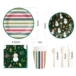 Ensemble de vaisselle de fête personnalisé DAMAI pour Noël, assiettes, gobelets et serviettes en papier à rayures vertes avec impression de bonhomme de neige jetables - Product Image 6