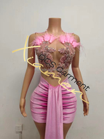 Ocstrade Robes d'anniversaire personnalisées avec bordure en plumes et ourlet long en strass Robes de soirée courtes en strass rose sexy de luxe pour femmes