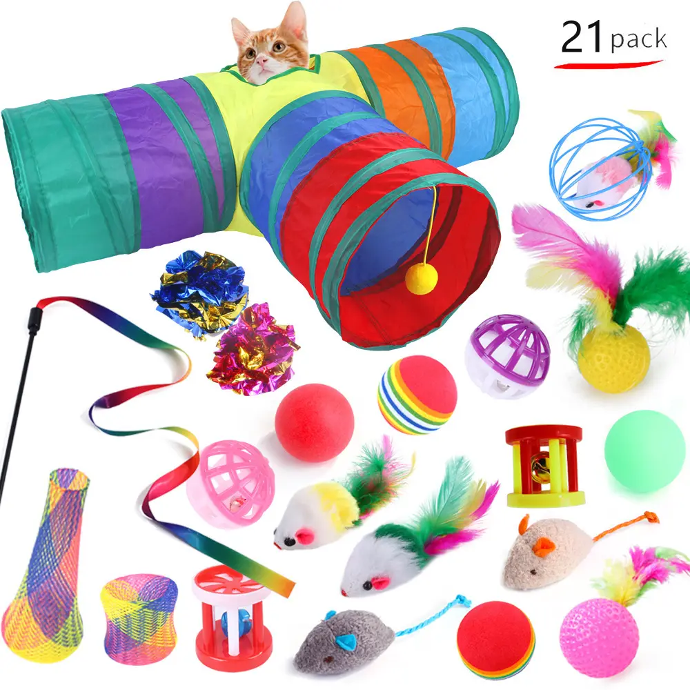 Offre spéciale, vente en gros, ensemble de jouets pour chat 21 pièces, tunnel pour canal, souris, boule en peluche, cloche, ensemble de jouets interactifs pour chat