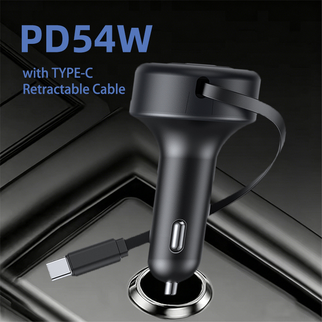 54W PD 3.0 Fast Charging USB Car Charger with Retractable Type-C Cable