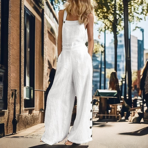 <b>Women</b> Summer Loose Spandex/Polyester Knitted Jumpsuits Square Collar Full-Length Solid Sleeveless Bib <b>Overalls</b> Siamese Button - Product Image 2