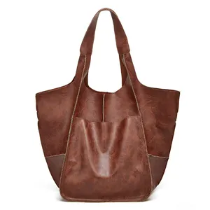 Grands sacs à main en cuir souple Vintage fourre-tout pour femmes, sac à main de créateur en cuir pu de cire d'huile, vente en gros de chine