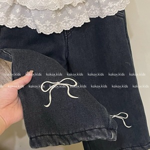 Kids <b>Harem</b> <b>Pants</b> Solid Color Cotton Fleece Lined Lace Trim Embroidered Bow Autumn Winter Fall 2024 - Product Image 1