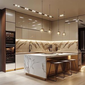 Îlot de cuisine moderne de luxe sur mesure, écologique, en contreplaqué laqué, avec bar et armoire, pack de rénovation complet incluant charnières et paniers de tiroir - Product Image 3