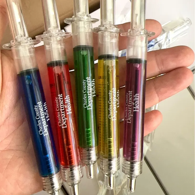 MEGA Creative Customized Novelty Promotional Funny Injection Shaped Liquid syringe pens Best Gift for Children hospital