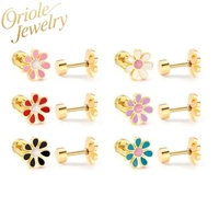 Anting-anting kancing baja tahan karat berlapis emas 18K uniseks desain bunga trendi untuk anak-anak dan wanita