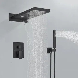 Badkamer Zwarte Douche Kraan Set Regenkop Muur Gemonteerd Bad Douche Systeem Handsproeier Bad Kraan Mixer