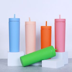 Logo 16 Oz Plastic Custom Drink Cups Matte Acrylic Double Wall Tumbler Portable Coffee Water Bottle Skinny Tumblers - Product Image 1