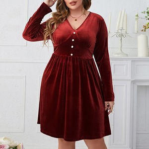Taglie forti abito da donna di alta qualità <span class=keywords><strong>con</strong></span> scollo <span class=keywords><strong>a</strong></span> V rosso intenso abito dimagrante <span class=keywords><strong>a</strong></span> vita alta <span class=keywords><strong>a</strong></span> <span class=keywords><strong>maniche</strong></span> lunghe OEM - Product Image 6