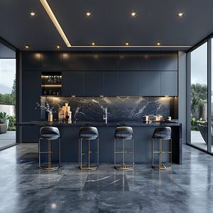Meubles de cuisine modulaires de luxe bleu marine moderne avec îlot <span class=keywords><strong>en</strong></span> marbre, éclairage LED chaud, placage bois, garantie 5 ans - Product Image 5