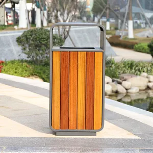 Factory Wholesale Dust Bin Stainless Steel Commercial Metal Trash Can Outdoor With Solid Wood Outdoor Wood Trash Can Bin Garbage