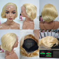 Promotion 26$ Perruques Pixie Lisses Entièrement en Dentelle 13x4, Perruques Courtes Bob SDD 200 grammes avec Mèches, Gris, Blond, 100% Cheveux Humains pour Femme