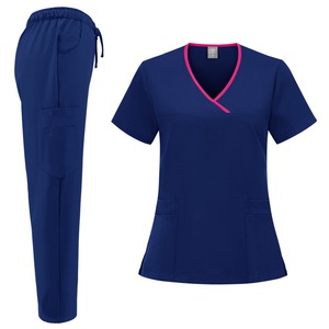 Women Scrub Set Blue V-Neck Short Sleeve With Pink Trim Moisture Wicking Hospital Uniforms - Product Image 1