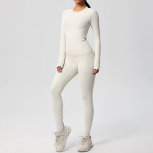 Conjunto de Yoga de 2 Piezas, Top de Manga Larga con Cuello Redondo, Leggings de Cintura Alta y Largo Completo, Sin Costuras, Color Sólido, Spandex, Poliéster - Product Image 2