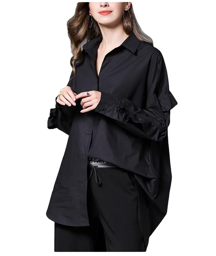 Chemise à volants en coton pour femmes, haut de gamme à manches longues, bas et haut, décontractée, ample,