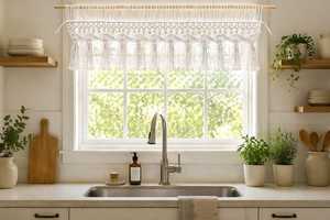 White Macrame Window Valance Tassel Curtains <b>Kitchen</b> Sunshade Home <b>Decor</b> - Product Image 1