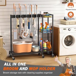 Soporte para escobas con organizador de suministros de limpieza, <span class=keywords><strong>armario</strong></span> de almacenamiento para escobas con carrito de limpieza, carrito de limpieza - Product Image 2