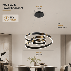 Lustre moderne à anneaux LED en métal noir et or 128W, trois couleurs, hauteur réglable, pour salle à manger intérieure, décoration intérieure - Product Image 4