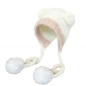 Bonnets d'hiver drôles en tricot bicolore pour femme et fille pour adulte Bonnet en fourrure douillette Bonnet en tricot avec oreilles pom pom - Product Image 1