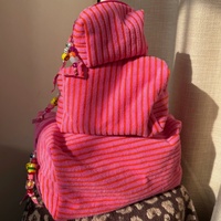 Sac de voyage cosmétique rose rayé en tissu éponge, personnalisable, vente en gros d'usine, sac de rangement portable à fermeture éclair pour maquillage