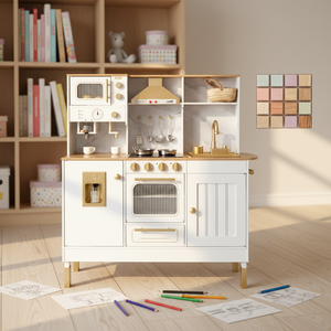 Non Toxic Wooden Kitchen Play <strong>Set</strong> <strong>Microwave</strong> Tap Range Hood Mixer Toaster Role Play Toy <strong>Set</strong> for Toddlers - Product Image 5