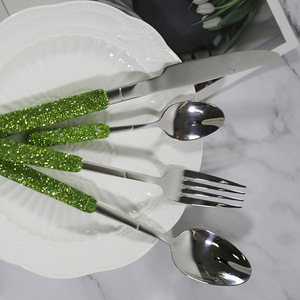 Ensemble de couverts en acier inoxydable avec manches en strass vert, vaisselle de luxe, couteau, fourchette, cuillère pour la table à manger à la maison - Product Image 4