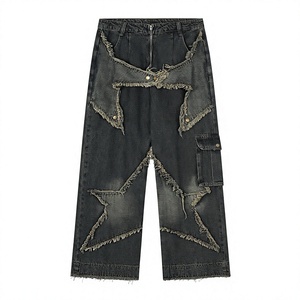 Men's Distressed denim Jeans Plus Size Loose Fit High Waist Wide Leg <b>Patch</b> Pockets <b>Punk</b> Style Denim Pants - Product Image 1