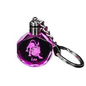 Cute Wholesale Custom 12 Constellations Crystal Custom Glass Led Keyring Healing Crystal Light Keychain for Advertising Gift