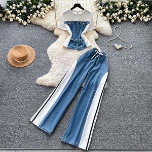 Conjunto de 2 piezas vintage de verano para mujer, top y pantalón vaquero ajustado con patchwork, trajes deportivos al por mayor - Product Image 2