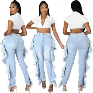 trending products 2021new arrivals Fashion denim ruffled fringed washed water ripped stretch women's jeans