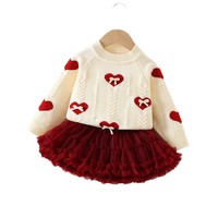 Ensemble Pull et Jupe en Maille pour Filles, Nouvelle Collection Automne, Pull à Manches Longues Imprimé Cœur avec Petit Nœud et Jupe en Tulle