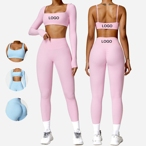 Vente en gros Tenue de sport Vêtements de yoga Vêtements de sport pour le fitness Gym Leggings scrunch Soutien-gorge Ensembles d'entraînement à manches longues pour femmes - Product Image 1