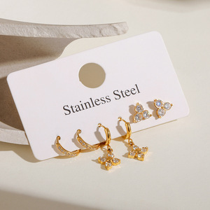 Lot de 3 paires de boucles d'oreilles étoile en zircon en acier inoxydable, plaqué or, bijoux de fête, clous d'oreilles pendantes tendance pour femmes - Product Image 3