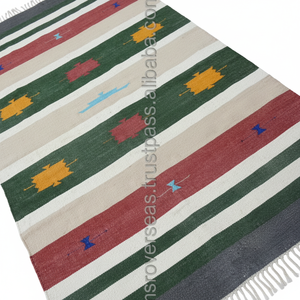 พรมผ้าฝ้ายกำมะหยี่ผ้าขี้ริ้วทำมือลายทางทำด้วยมือขายส่งจากอินเดีย - Product Image 1