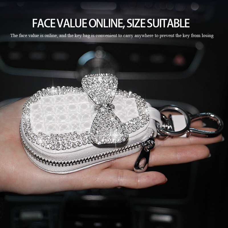Mandark Bling Car Key Case - Genuine Leather Key Fob Protector With Rhinestones & Rose Design - View #4