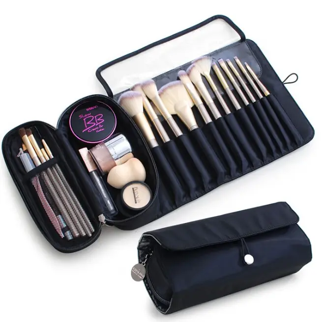 Disesuaikan logo makeup set wanita tas kosmetik poliester multi kantong make up tas kuas organizer penyimpanan sikat tas untuk anak perempuan