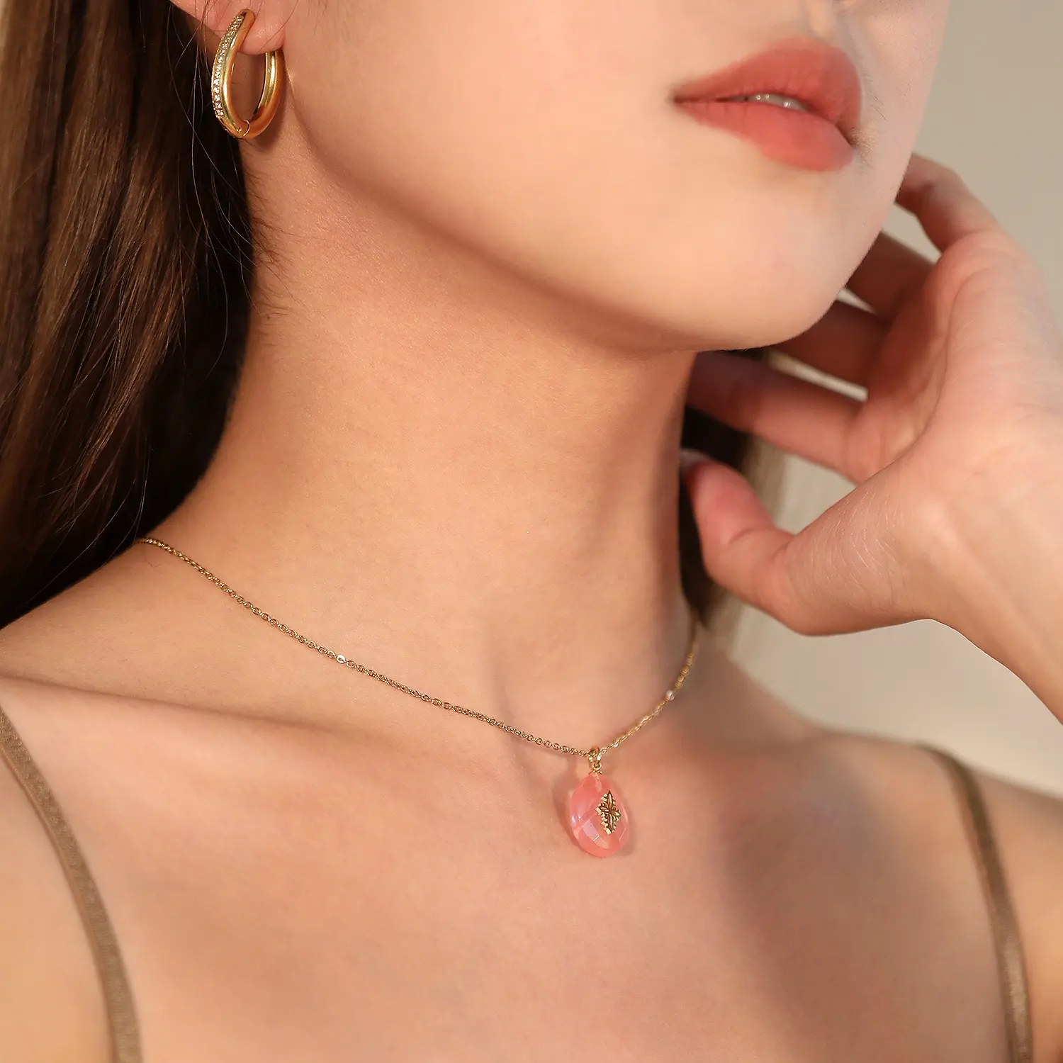 New Arrival Vintage PVD Gold Plated Jewelry Stainless Steel Pink Water Drop Natural Stone Pendant Necklace for Women Men