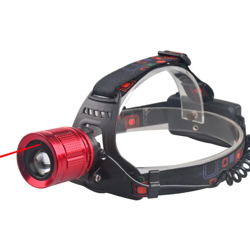 Zoom Adjustable Beam Headlamp LED Head Light 18650 Rechargeable Head Torch with Red Laser Pointer