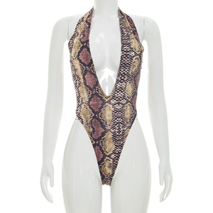 Viviblook J26BS204 Women Summer <b>Bodysuit</b> New Sexy Sleeveless Snake Print Deep <b>V</b>-<b>Neck</b> Printed Halter Backless <b>Bodysuit</b> - Product Image 6