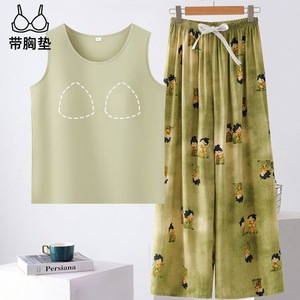 Women Sleepwear Vest And Trousers Set Cotton Silk With Chest Pads Casual Loose Fit For Middle Aged XL 2XL 3XL 4XL - Product Image 1