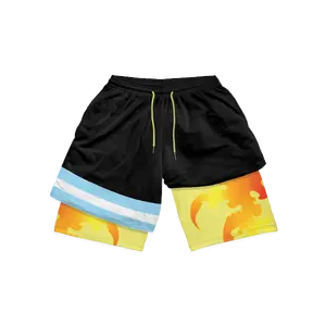 Doublé Double Couche Poches Athlétique Sports Hommes Imprimé Shorts Logo Personnalisé 2 En 1 Workout Running Hommes Gym Shorts Avec Collants