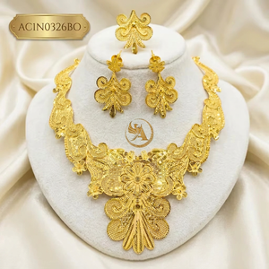 Antique 18K Gold Plated Ethiopian Women's Latest Stylish Design Short <b>Charm</b> Necklace Set Earrings Rings Flower Shape - Product Image 1