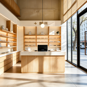 Negozio di vendita al dettaglio ottico contemporaneo con mensole aperte a gradini e vetrine luminose rotonde - Product Image 4